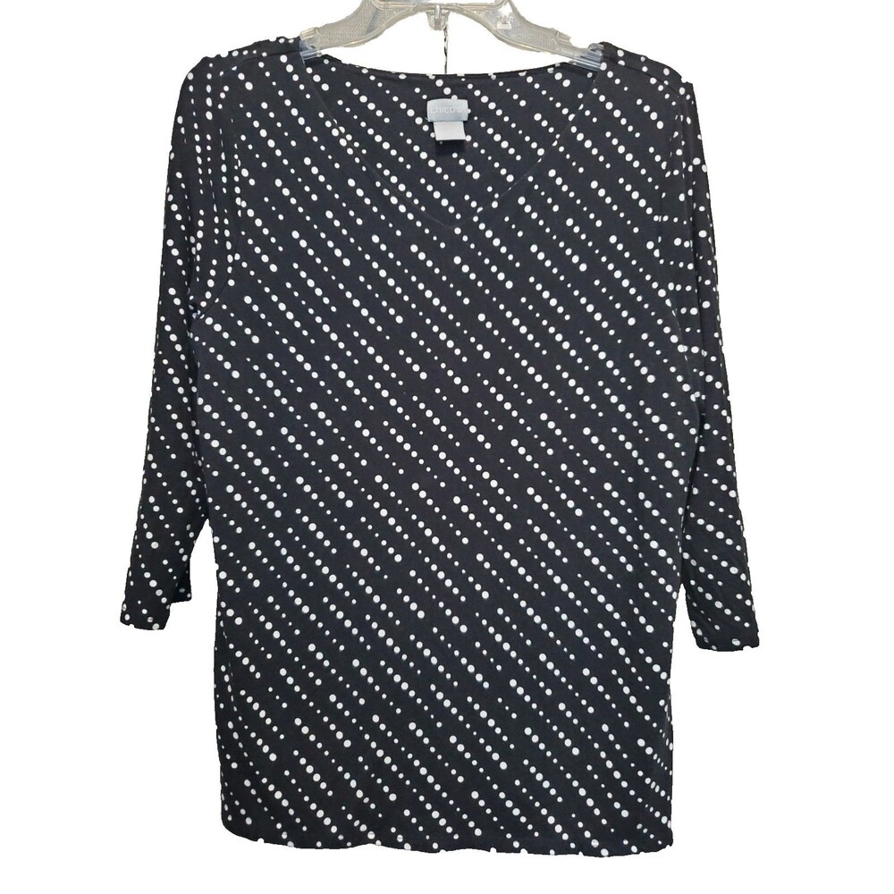 Chico's Jersey Knit Diagonal Dots V-Neck 3/4 Sleeve Lined Top Size 2 Large